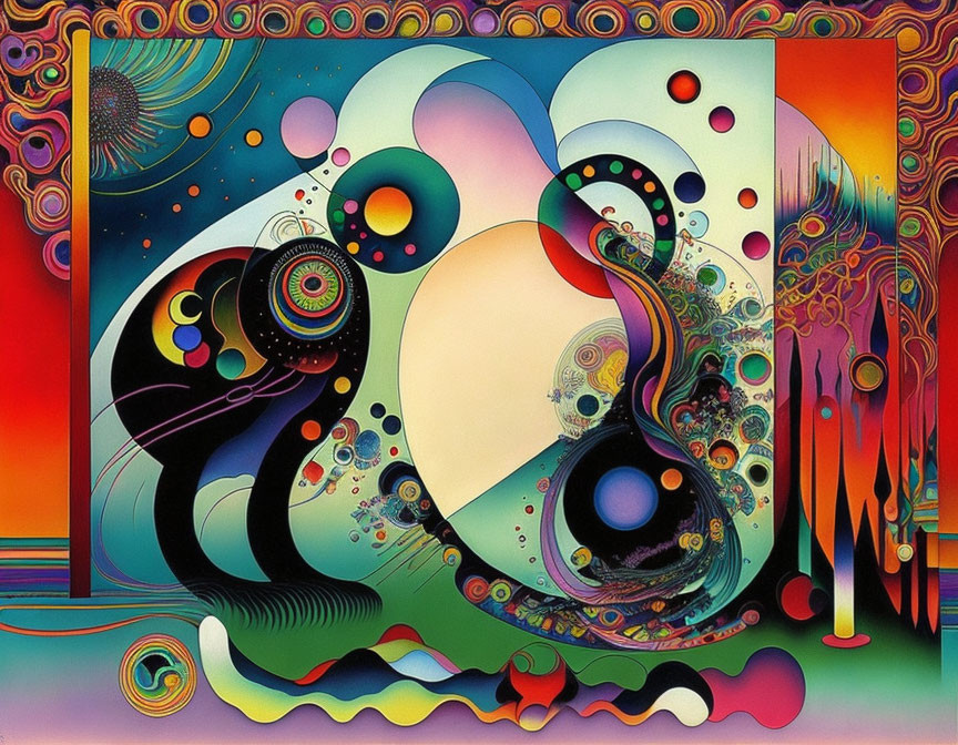 Colorful Abstract Art Depicting Two Beings Amid Cosmic Patterns