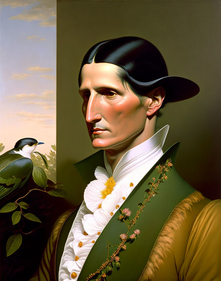 Portrait of a man in green coat with bird on shoulder