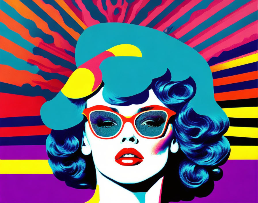 Colorful Pop Art Portrait of Woman with Curly Hair and Sunglasses