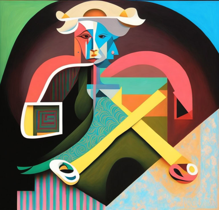 Geometric shapes and bold colors in abstract cubist painting.