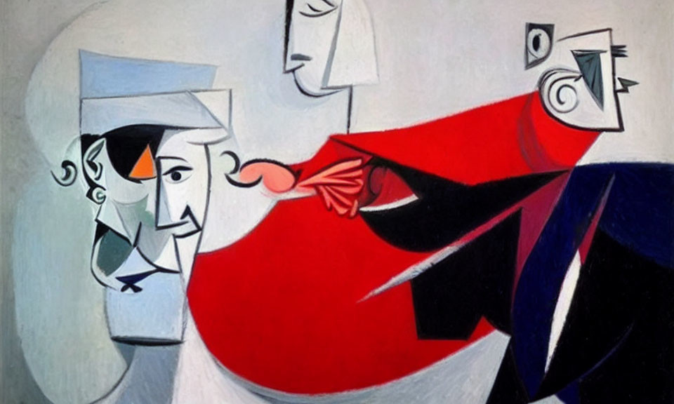 Colorful abstract painting featuring stylized figures like nurse in white, central figure in red with fish,