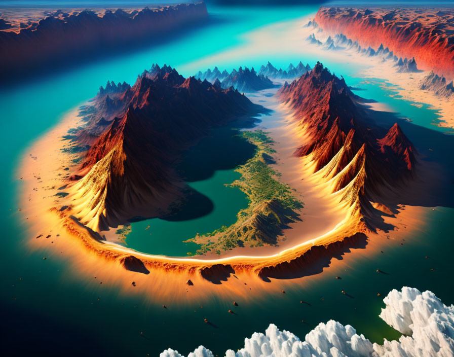 Surreal digital artwork: vibrant mountains, river, clouds