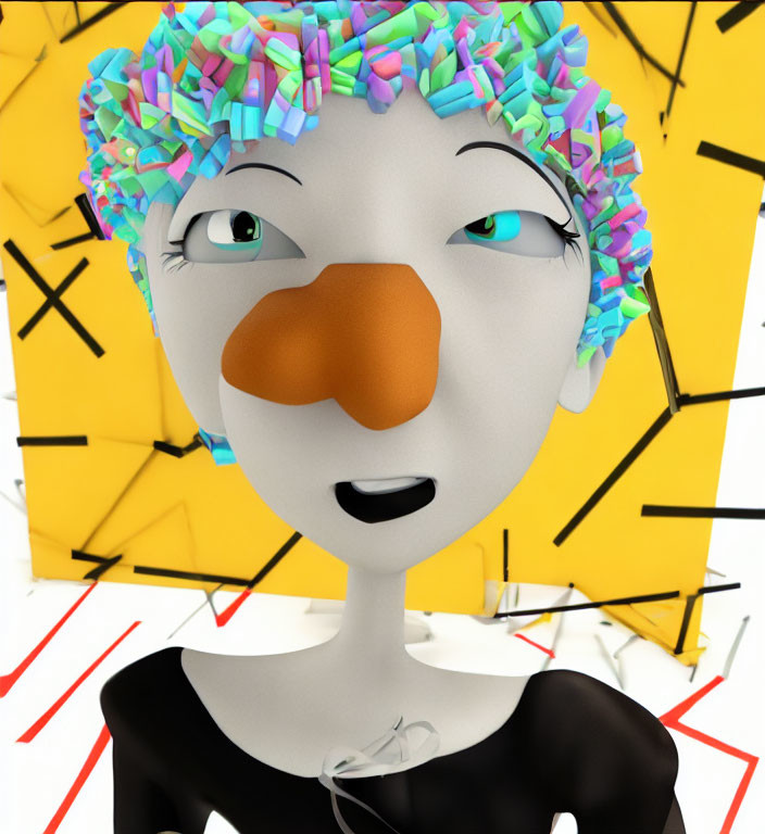 Colorful 3D Animated Character with Shower Cap and Plaster in Chaotic Background