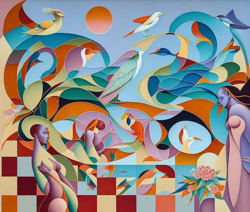 Colorful Abstract Painting with Human Figures and Birds in Sky