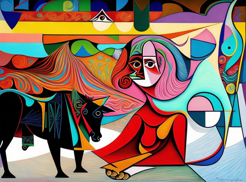 Colorful Abstract Painting: Woman and Horse in Geometric Setting