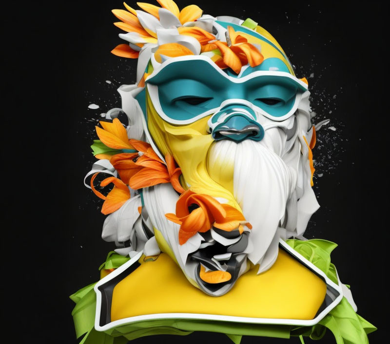 Vibrant 3D Bearded Figure Artwork with Mask and Floral Elements