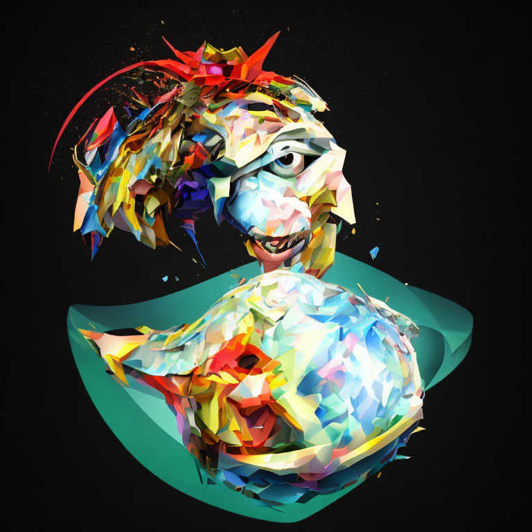 Colorful Abstract Digital Artwork of Stylized Human Face and Bust on Black Background