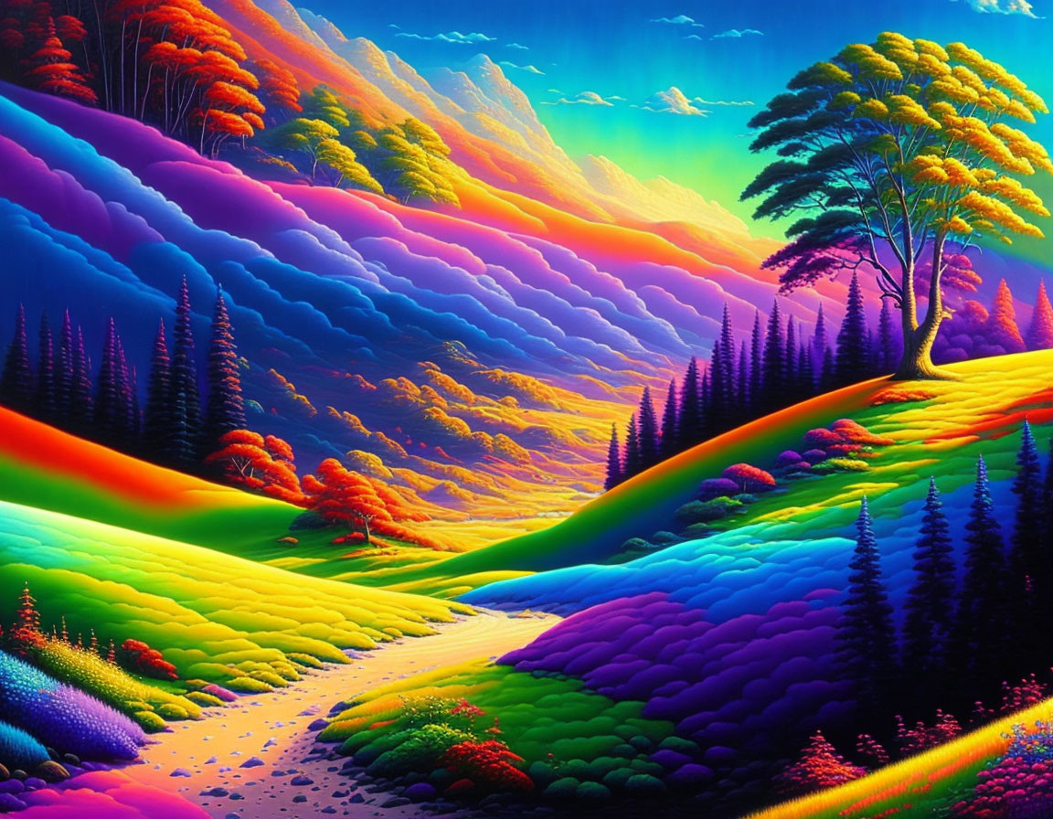 Colorful surreal landscape with exaggerated natural elements