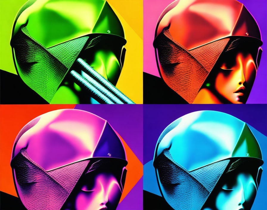 Colorful Stylized Motorcycle Helmet Images on Contrasting Backgrounds