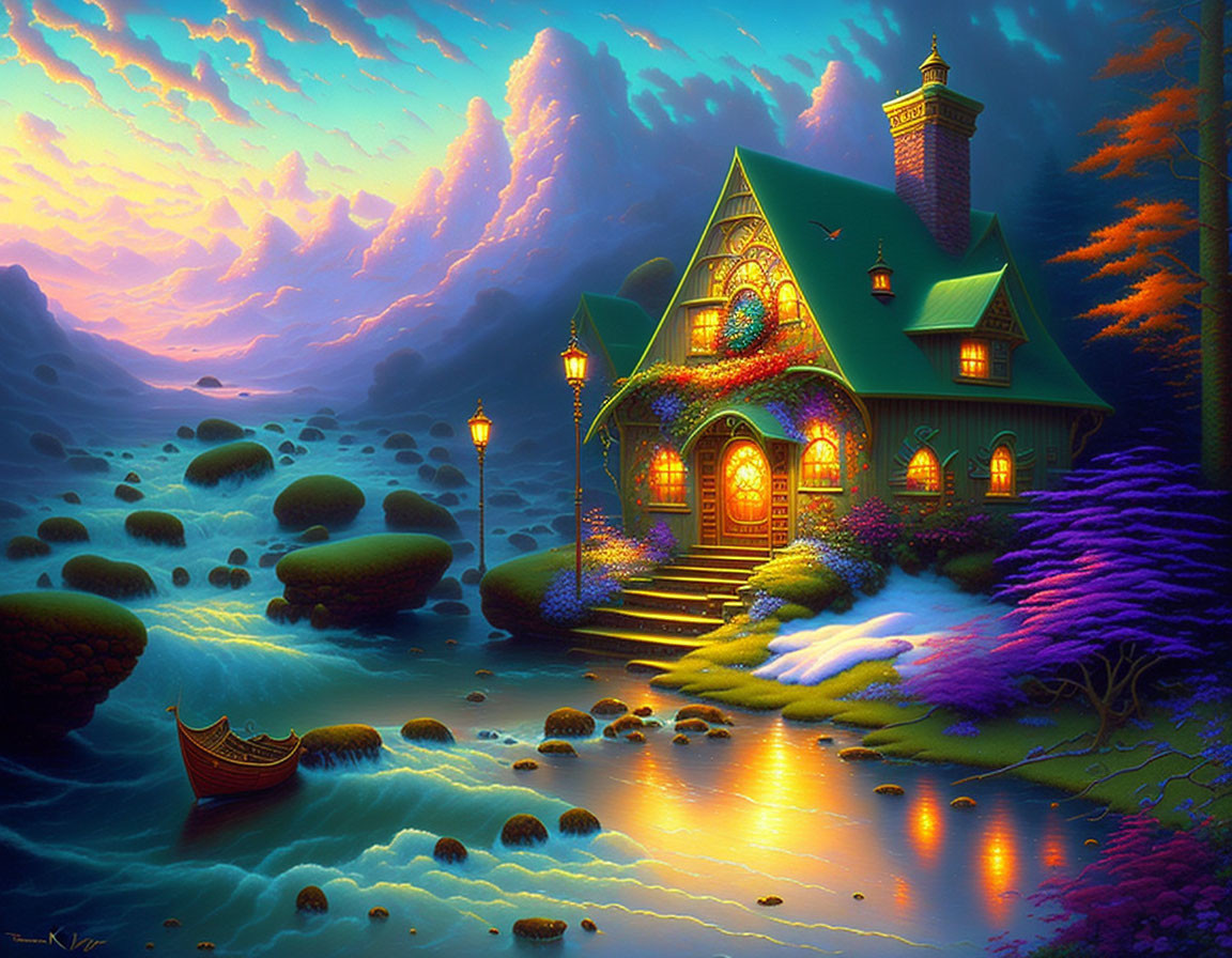 Fantastical painting: Cozy cottage by river at twilight