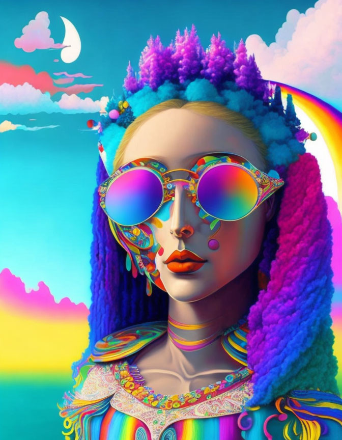 Vibrant digital artwork: Woman with rainbow hair and sunglasses on pastel sky background