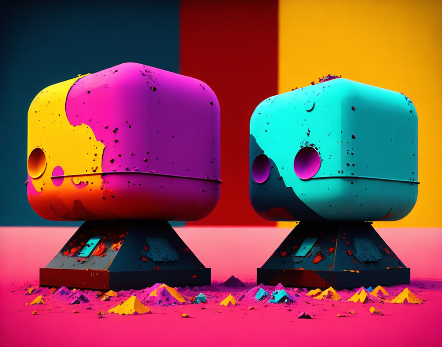 Colorful Stylized Skull Sculptures on Pedestals Against Vibrant Background