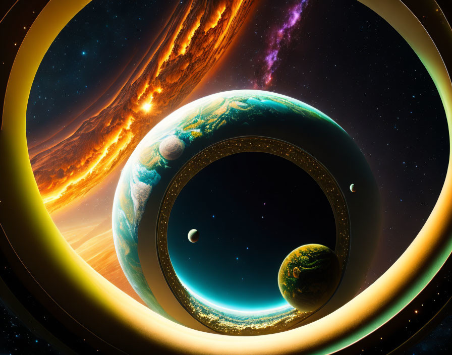 Colorful sci-fi artwork featuring celestial bodies, Earth-like planet, rings, and cosmic structure.