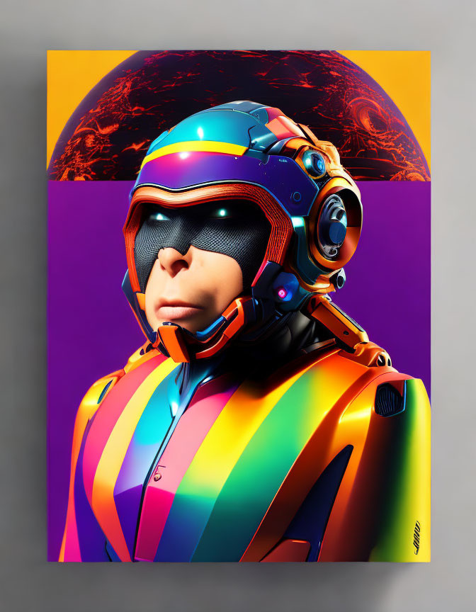 Vibrant digital artwork: futuristic figure in striped spacesuit on purple background