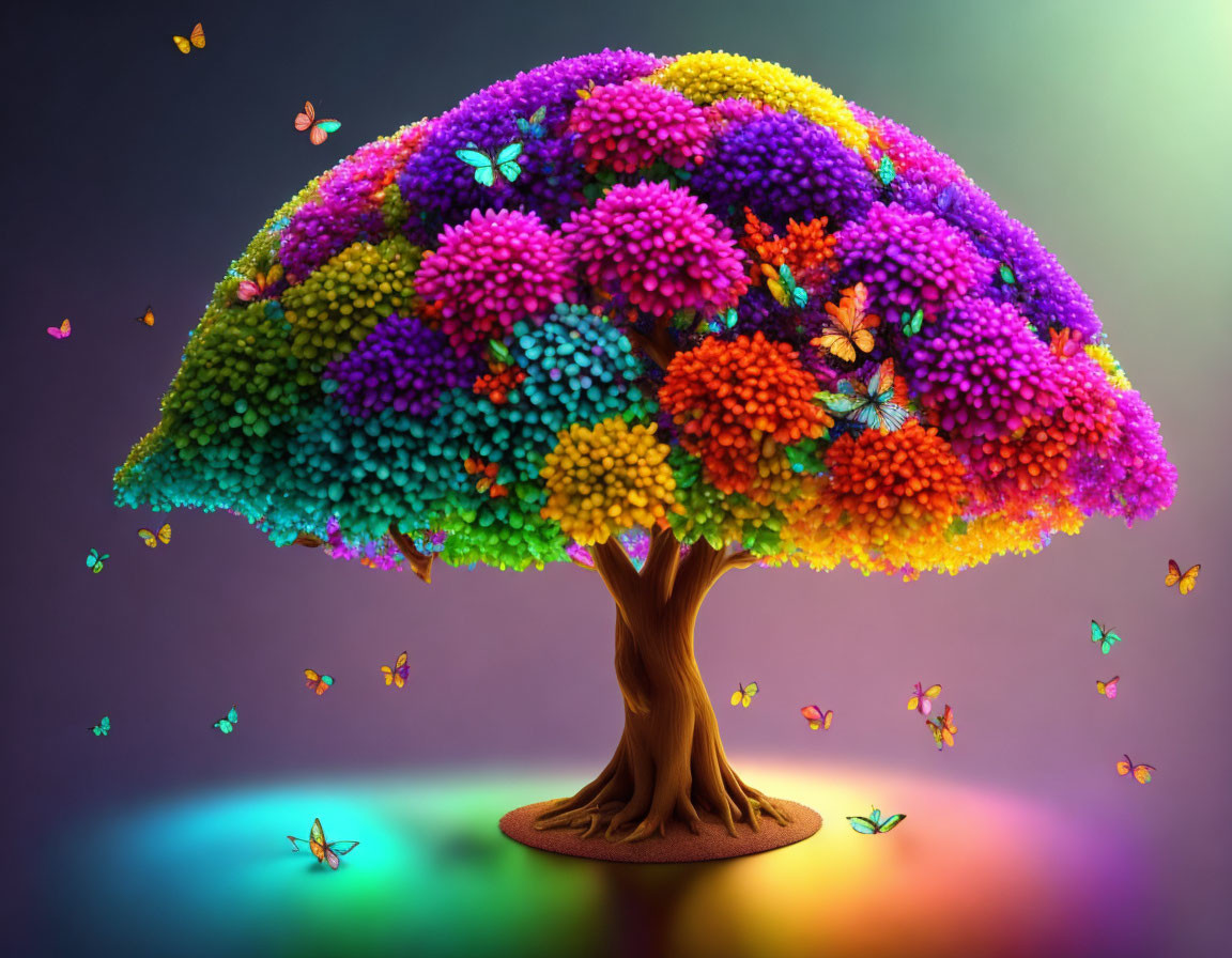 Colorful Blossom Tree with Butterflies on Purple Gradient Background