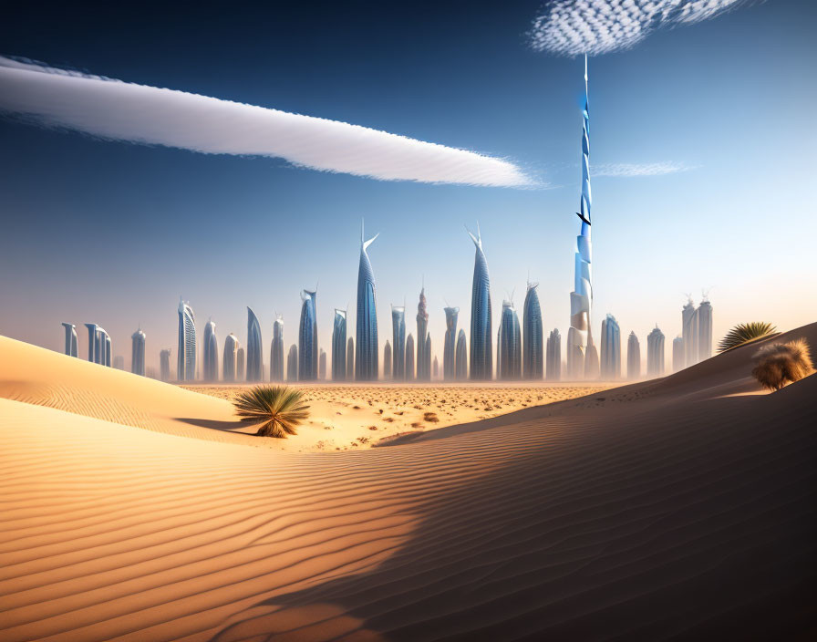 Futuristic city skyline above desert with high-rise buildings