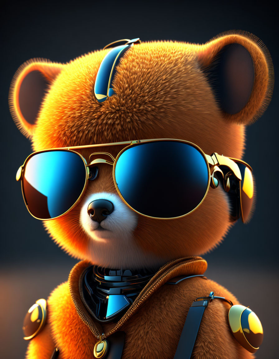 Stylish 3D illustration of red panda in sunglasses and futuristic headset