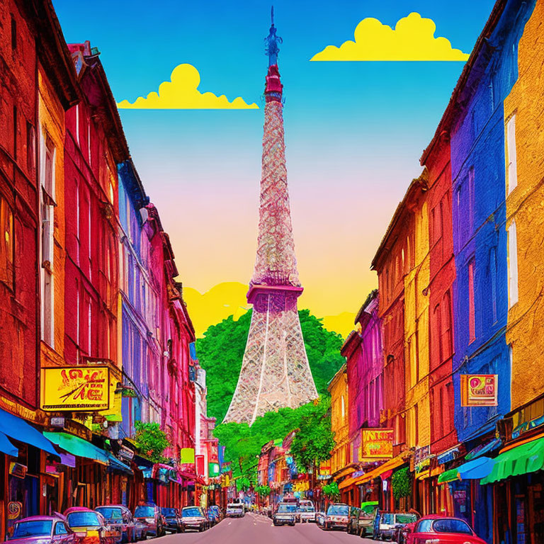 Colorful Street View Leading to Eiffel Tower Under Clear Sky