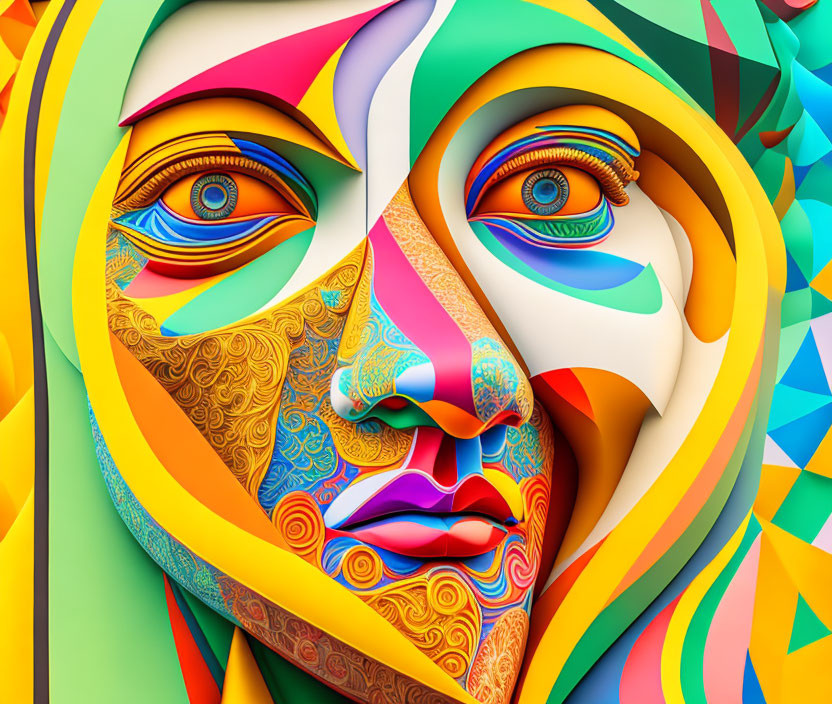 Colorful Abstract Face with Bold Geometric Shapes and Patterns