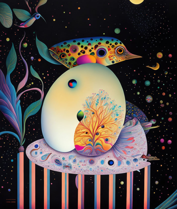 Vibrant surreal painting of egg-like form with intricate patterns in fantastical setting