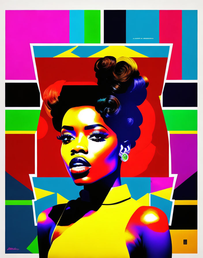 Vibrant pop art portrait of woman with intricate hairstyle on colorful geometric backdrop