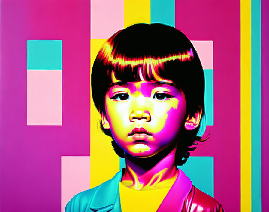 Colorful Pop-Art Style Portrait of Young Child on Geometric Background