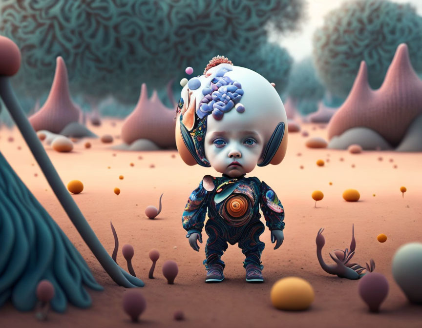 Surreal Toddler in Spacesuit on Alien Landscape