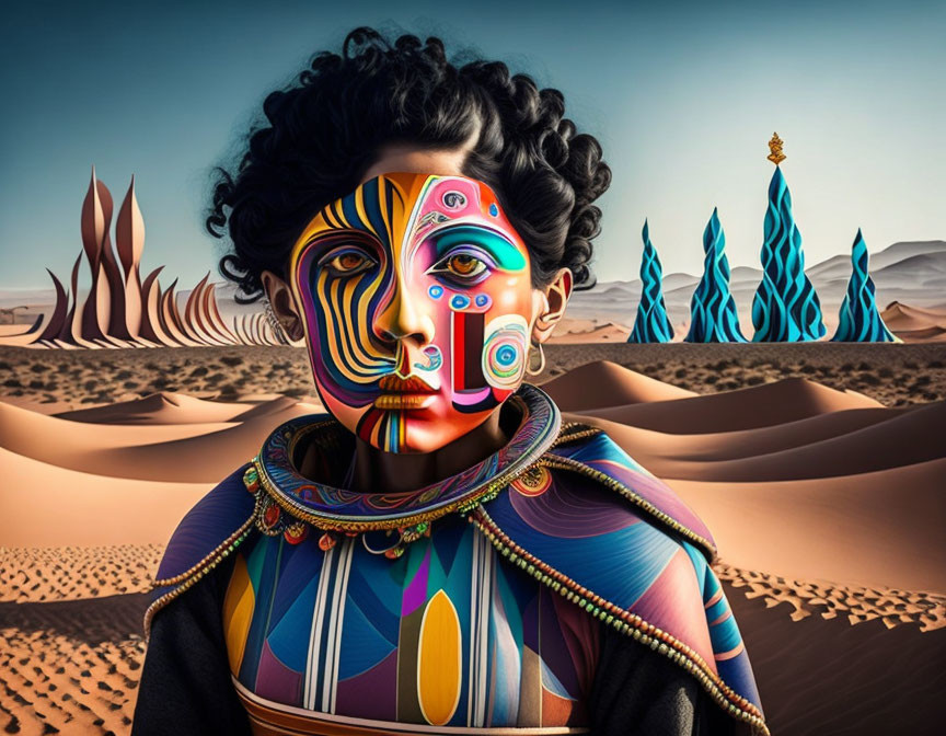 Colorful face paint portrait in surreal desert scene