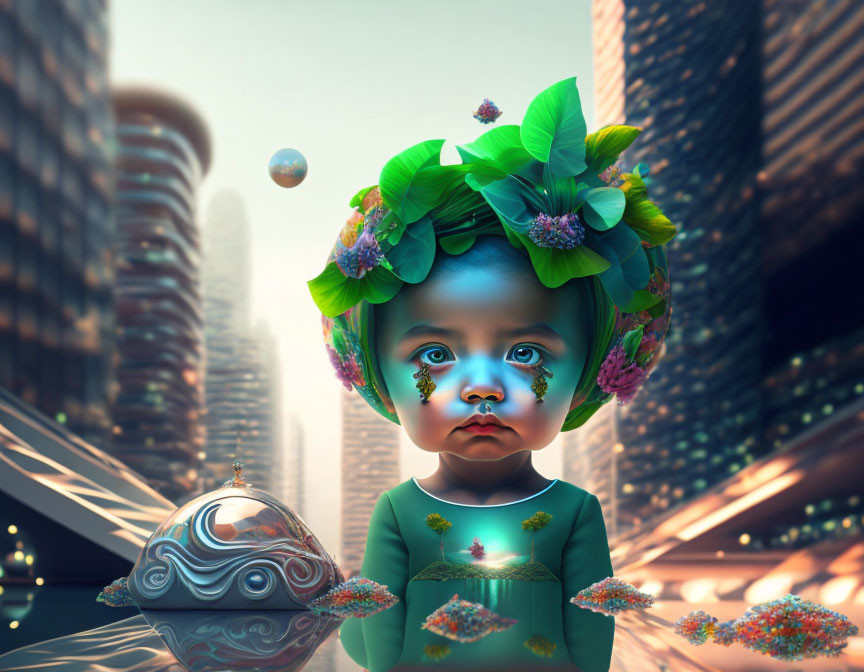 Child with blue skin and floral wreath in futuristic cityscape.