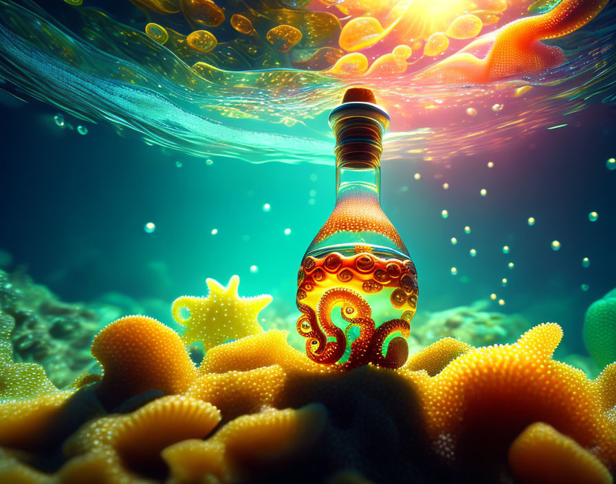 Colorful illuminated potion bottle on coral bed with magical glow underwater