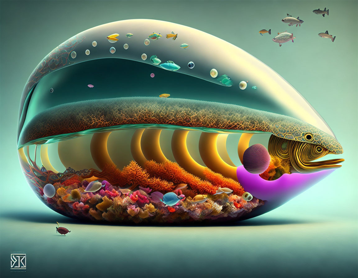 Vibrant surreal fish illustration with layered aquatic habitat and swimming smaller fish.