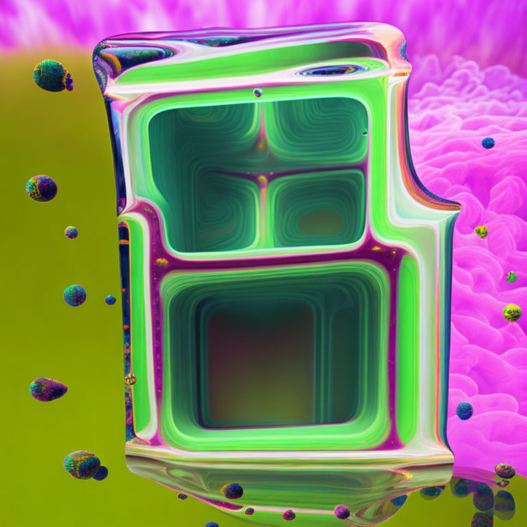 Abstract 3D-rendered image: Glossy cube, liquid edges, spheres, pink & green