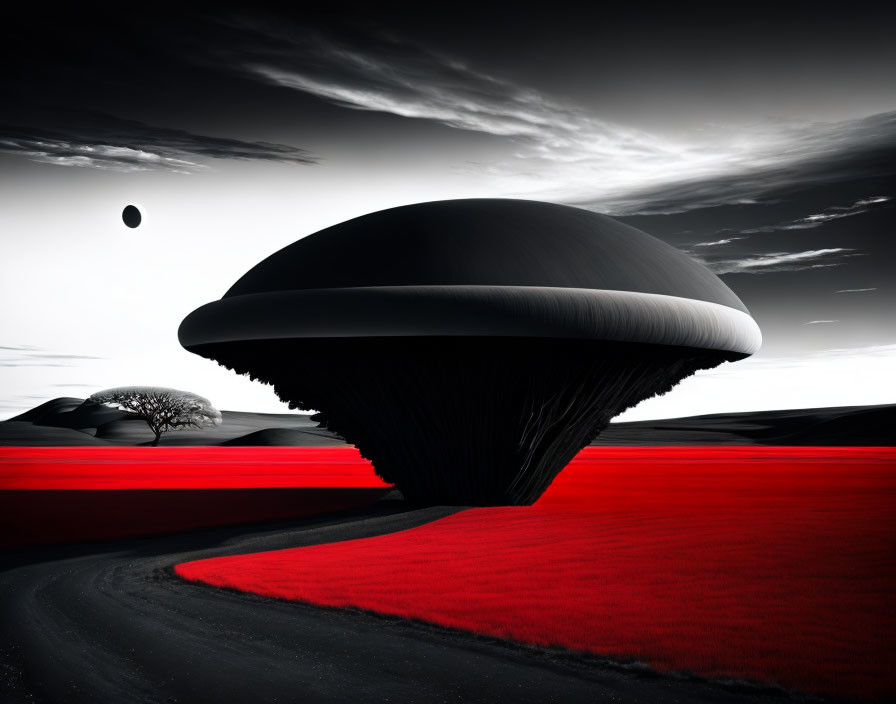 Surreal landscape with UFO-like structure, red grass, tree, and moon