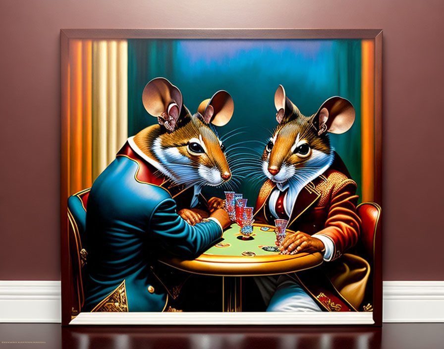 Anthropomorphic mice in elegant attire playing poker at a table on a red background