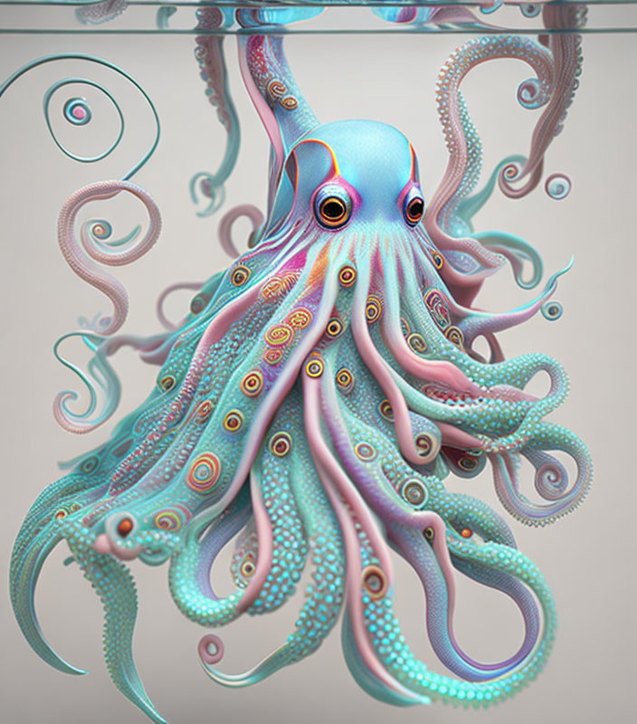 Colorful stylized octopus with intricate patterns on tentacles on reflective surface.