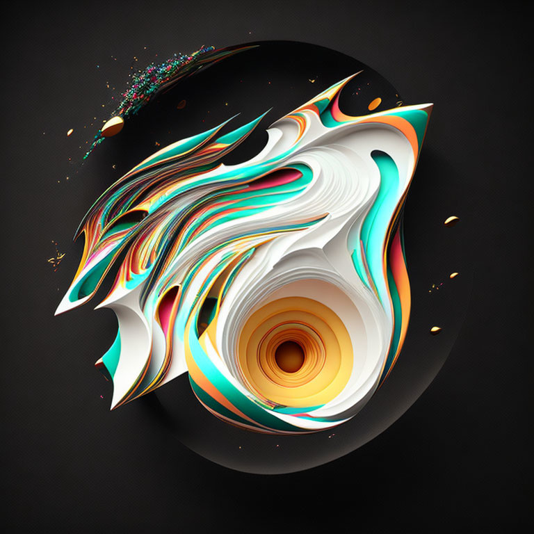 Swirling White, Orange, and Teal 3D Art on Dark Background