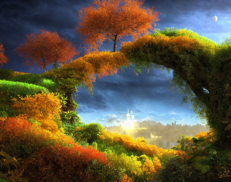 Vibrant autumn landscape with natural arch, castle, and crescent moon