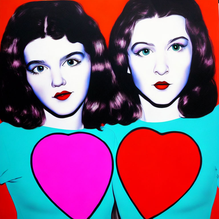 Twin female figures in pop art style with dark hair and bright red lips wearing teal tops with heart