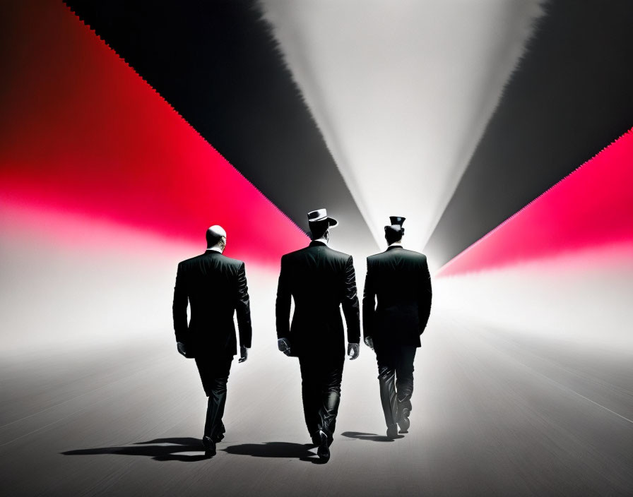 Silhouetted individuals in suits and hats walking under spotlight with red and white beams