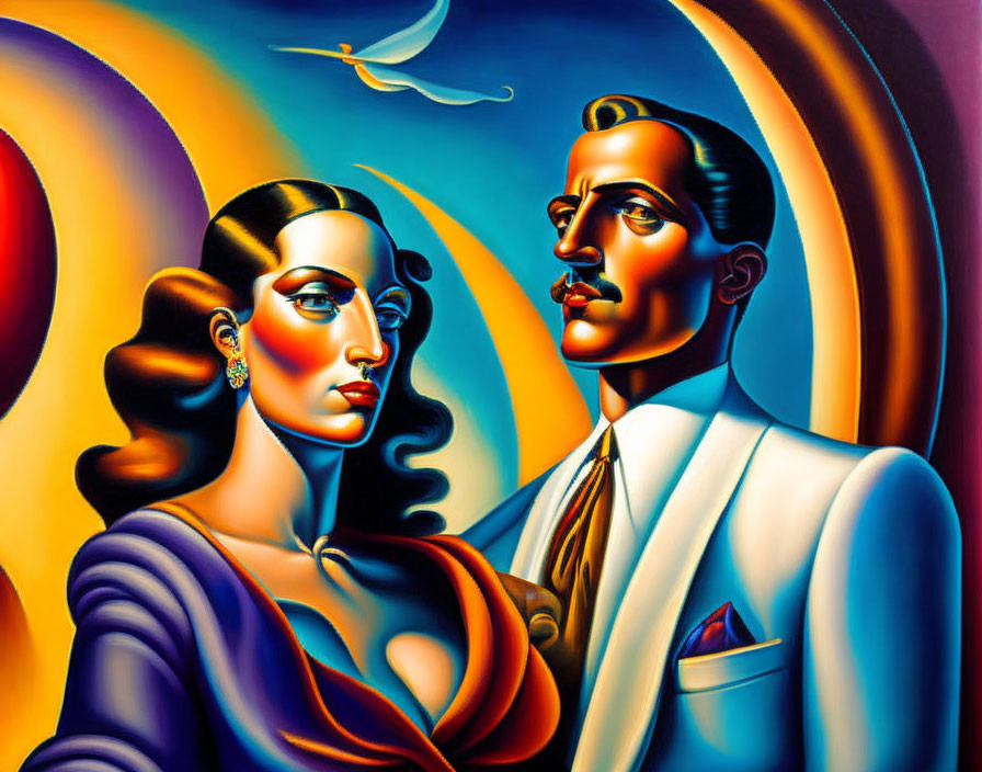 Colorful Art Deco Style Painting of Man and Woman