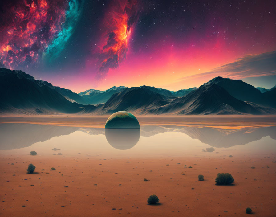 Twilight desert landscape with floating sphere, mountains, and cosmic sky