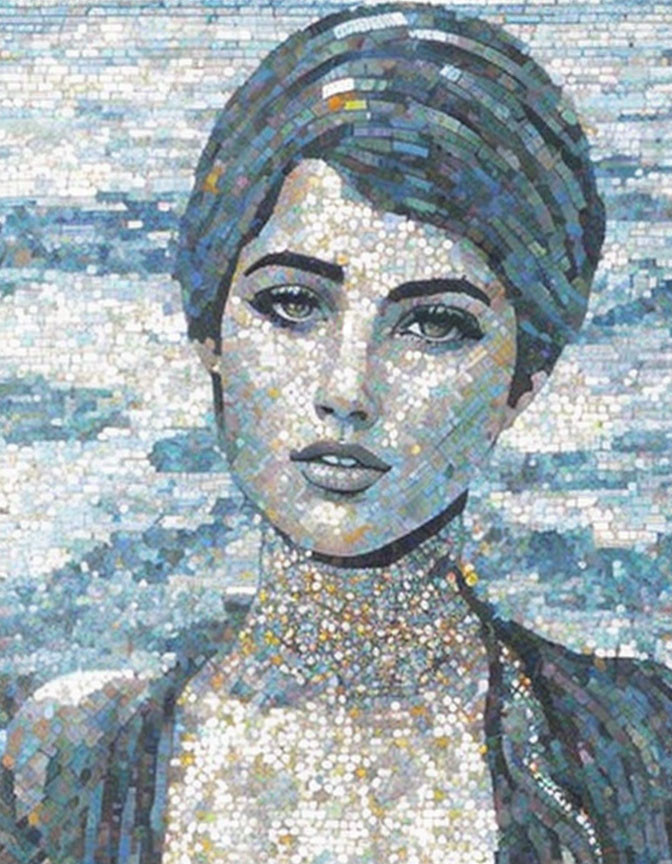 Cool-Toned Mosaic Portrait of Woman with Short Hair