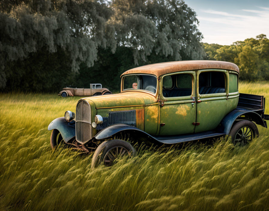 Rusty vintage pickup truck in green field with old car nearby