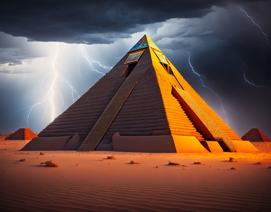 Futuristic glowing pyramid in desert lightning storm