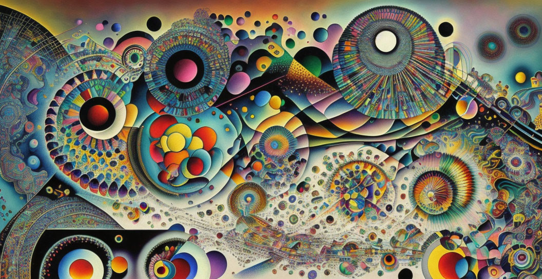 Colorful Abstract Painting with Psychedelic Patterns and Swirling Circles