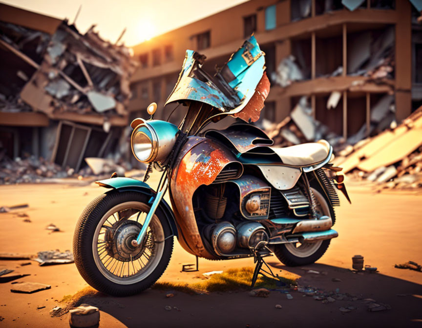 Abandoned scooter in urban decay at sunset