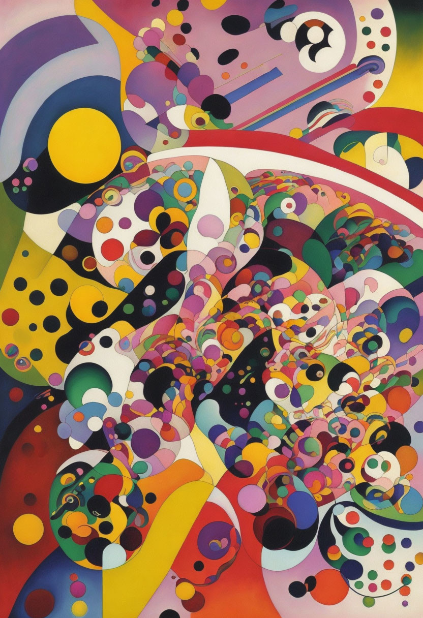 Vibrant Abstract Painting with Geometric Shapes and Polka Dots