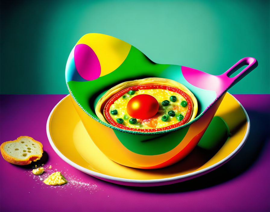 Colorful surreal soup with egg yolk center, peas, and bread slice on yellow saucer