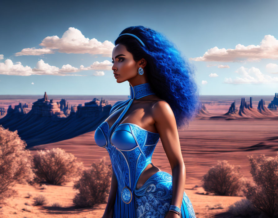 Futuristic digital art: Woman with blue hair in desert landscape