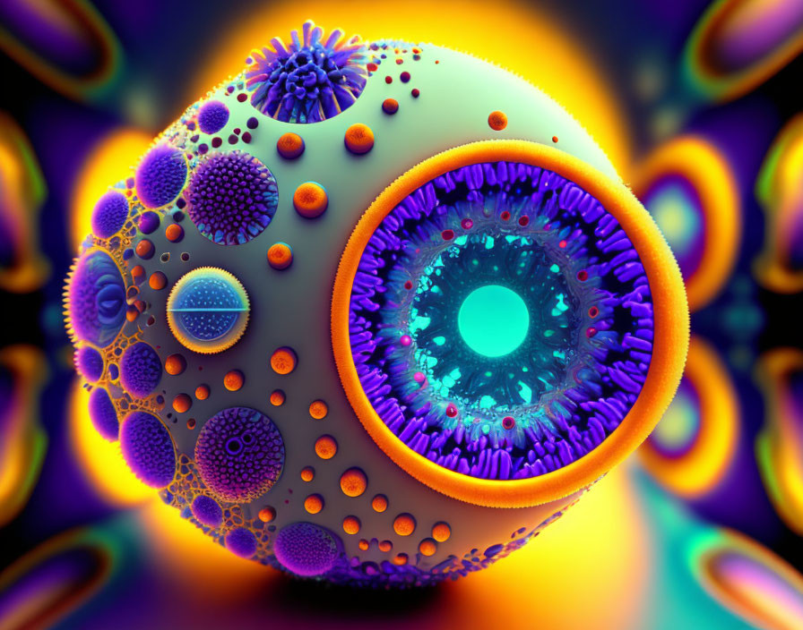 Colorful 3D rendering of textured spherical cell-like object with protrusions